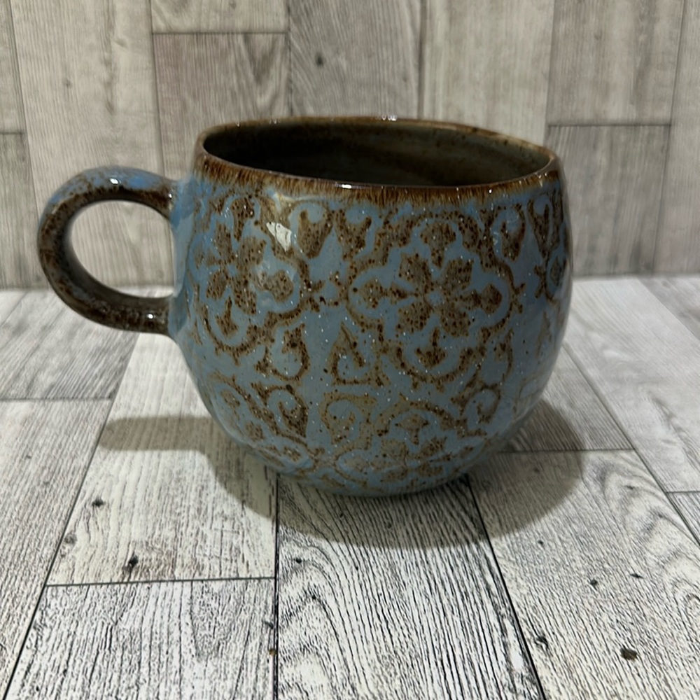 World market boho blue brown ceramic coffee tea cup